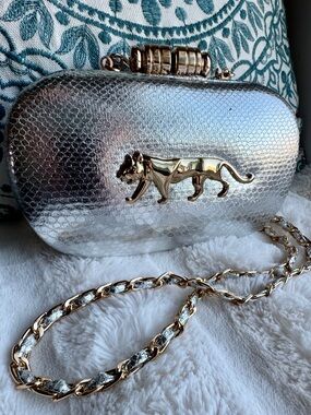 Silver Panther Minaudière Clutch Gold Tiger Chain Evening Bag